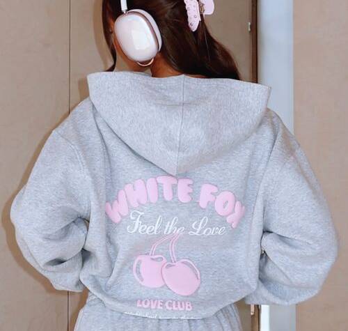 White Fox Hoodie Grey And Pink