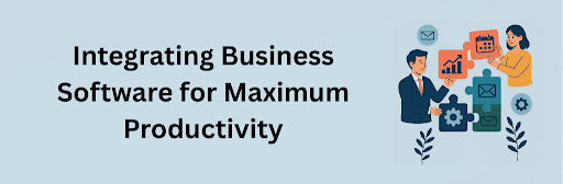 A flat-style illustration showing two professionals connecting colorful puzzle pieces labeled with business icons like analytics, calendar, email, and settings, symbolizing how integrated business software boosts productivity.
