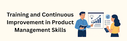 A modern flat-style illustration showing a professional taking notes during a product management training session, with a large screen displaying charts, gears, and a graduation cap symbolizing continuous improvement.