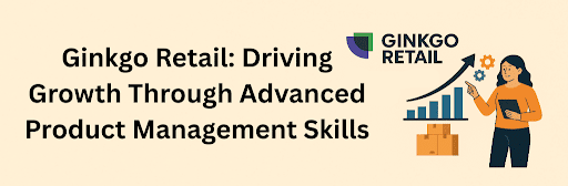 A flat-style illustration combining the Ginkgo Retail logo with a scene of a woman pointing at a rising bar chart and gears, representing business growth and modern retail management on a soft beige background